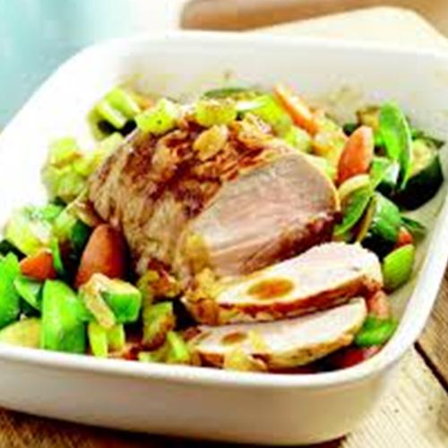 Gebraden kalfsfricandeau met aardappels en groente